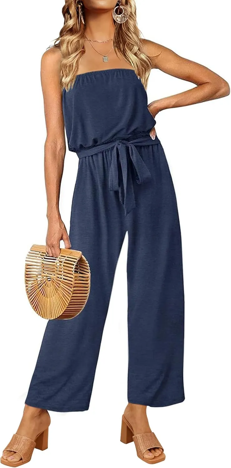 ZESICA Women's Casual Off Shoulder Solid Color Strapless Belted Wide Leg Jumpsuit Romper