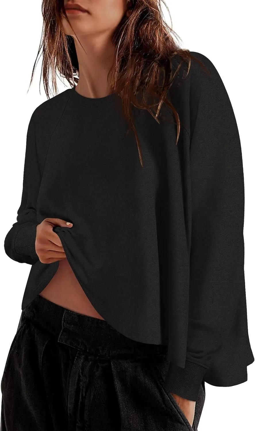 ZESICA Womens Causal Long Sleeve Lightweight Sweatshirts Crewneck Side Slit Loose Shirts Basic Fall Tops
