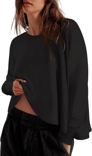 ZESICA Womens Causal Long Sleeve Lightweight Sweatshirts Crewneck Side Slit Loose Shirts Basic Fall Tops