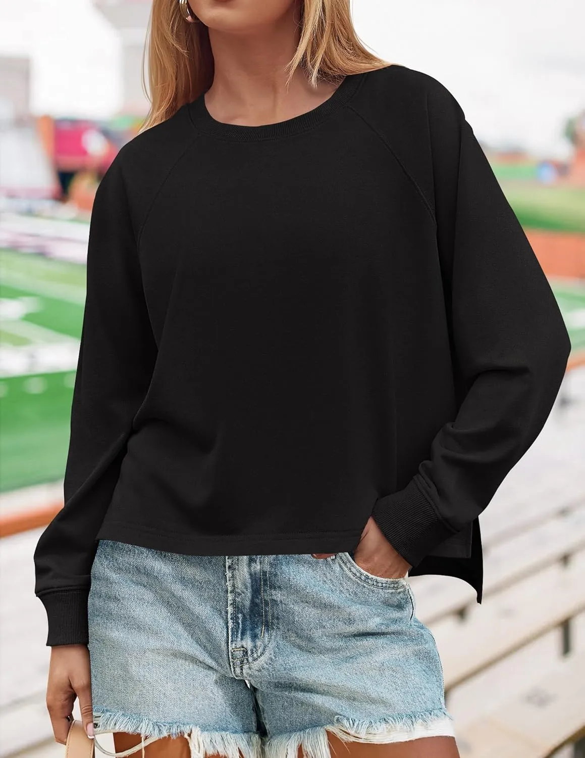ZESICA Womens Causal Long Sleeve Lightweight Sweatshirts Crewneck Side Slit Loose Shirts Basic Fall Tops
